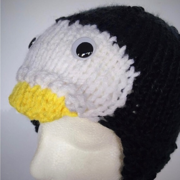 Hand Knit Child’s Penguin Ear Flap Hat with Googly Eyes Size 3-10 Years - Picture 3 of 11